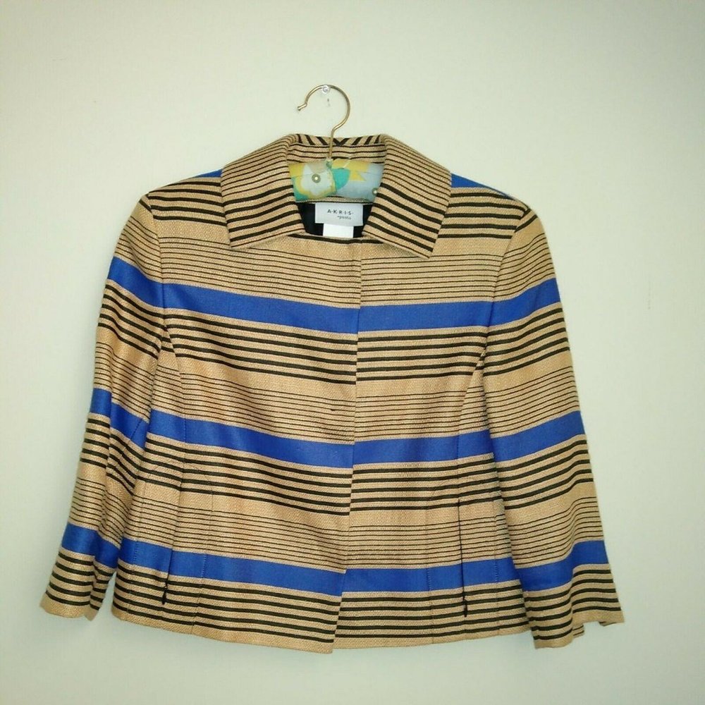 Akris Punto Tan, Black & Royal Blue Striped Cropped Blazer